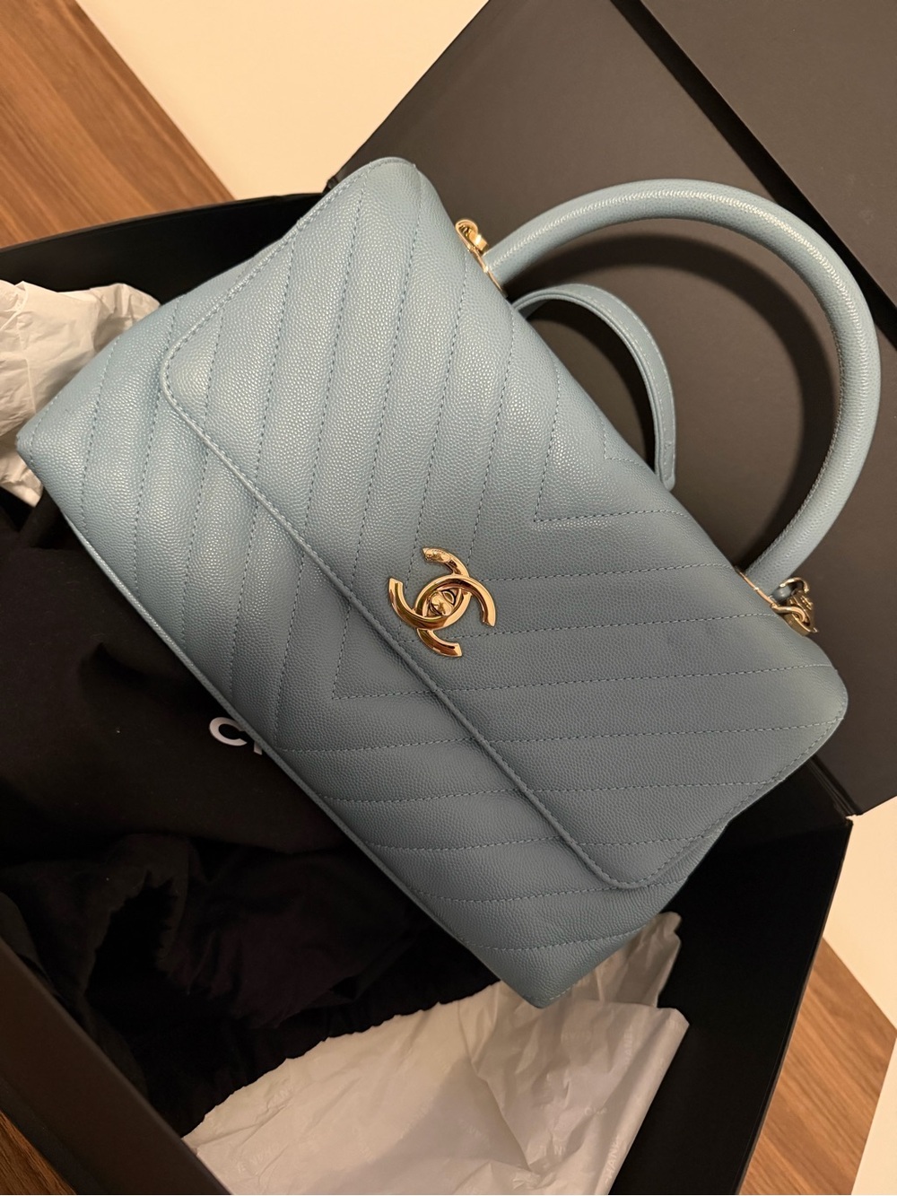 CHANEL Powder Blue Chevron Quilted Top-Handle Bag with Gold Hardware
